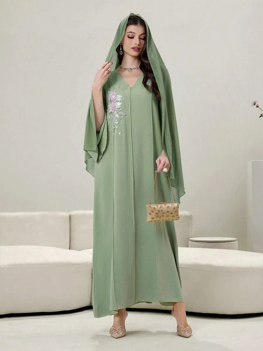 SHEIN Yasmyna فستان ماكسي اخضر بأكمام طويلة مزخرف