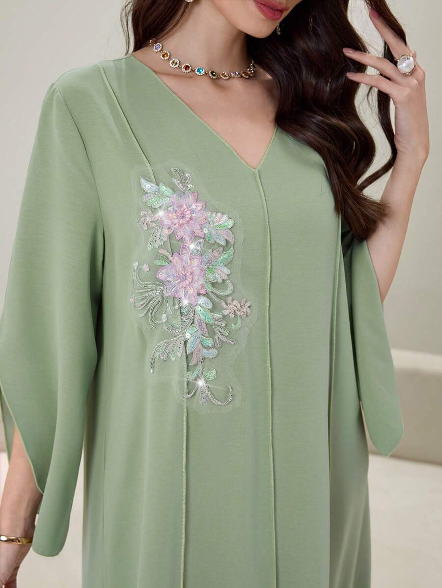 SHEIN Yasmyna فستان ماكسي اخضر بأكمام طويلة مزخرف