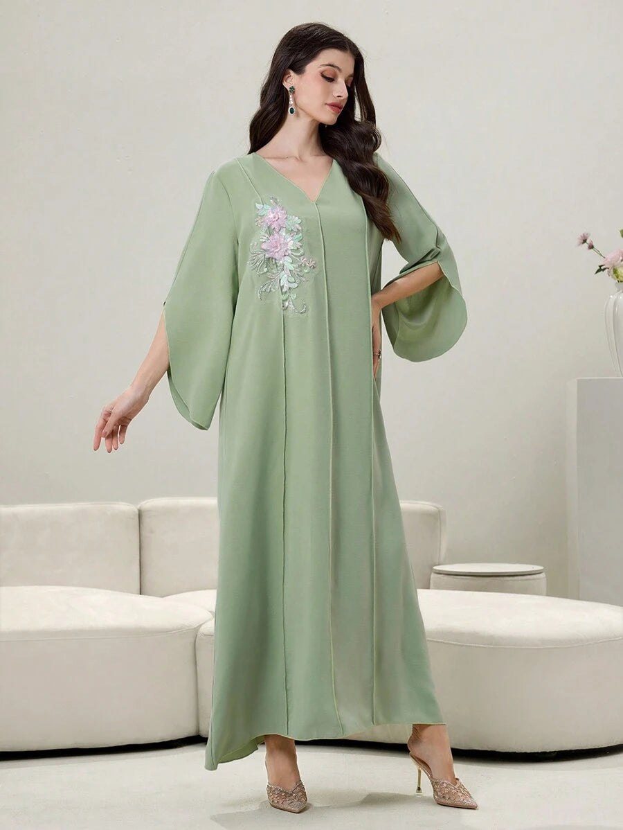 SHEIN Yasmyna فستان ماكسي اخضر بأكمام طويلة مزخرف