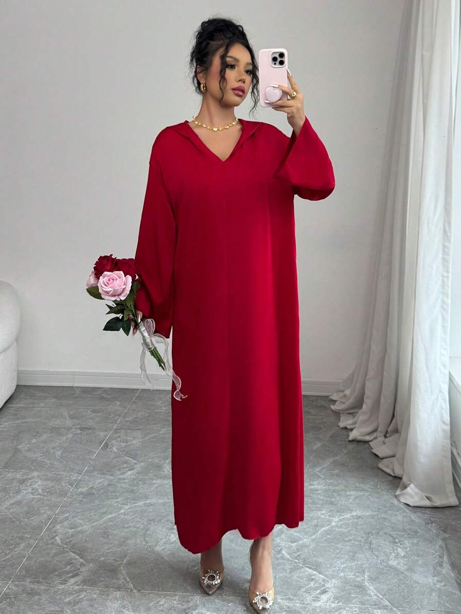 SHEIN Yasmyna فستان احمر طويل بأكمام واسعة أسلوب عربي