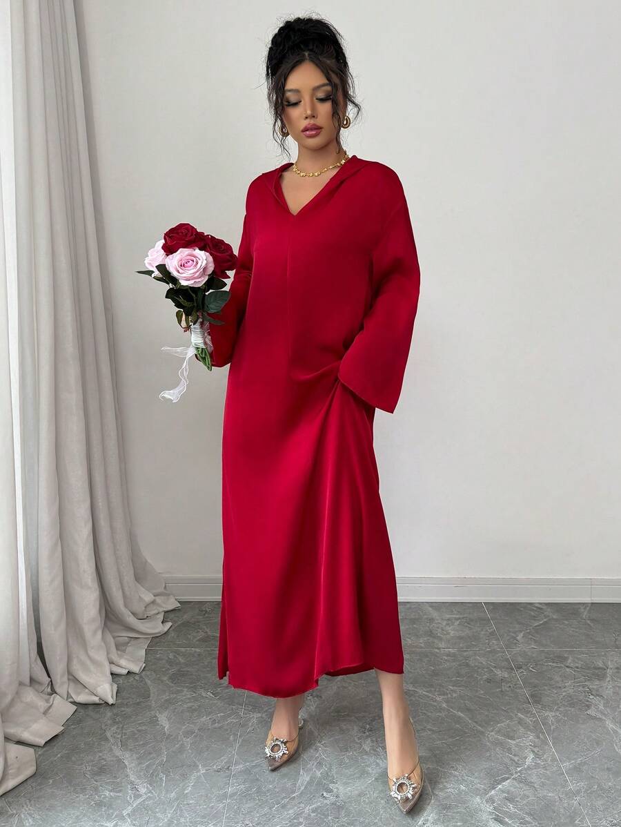 SHEIN Yasmyna فستان احمر طويل بأكمام واسعة أسلوب عربي