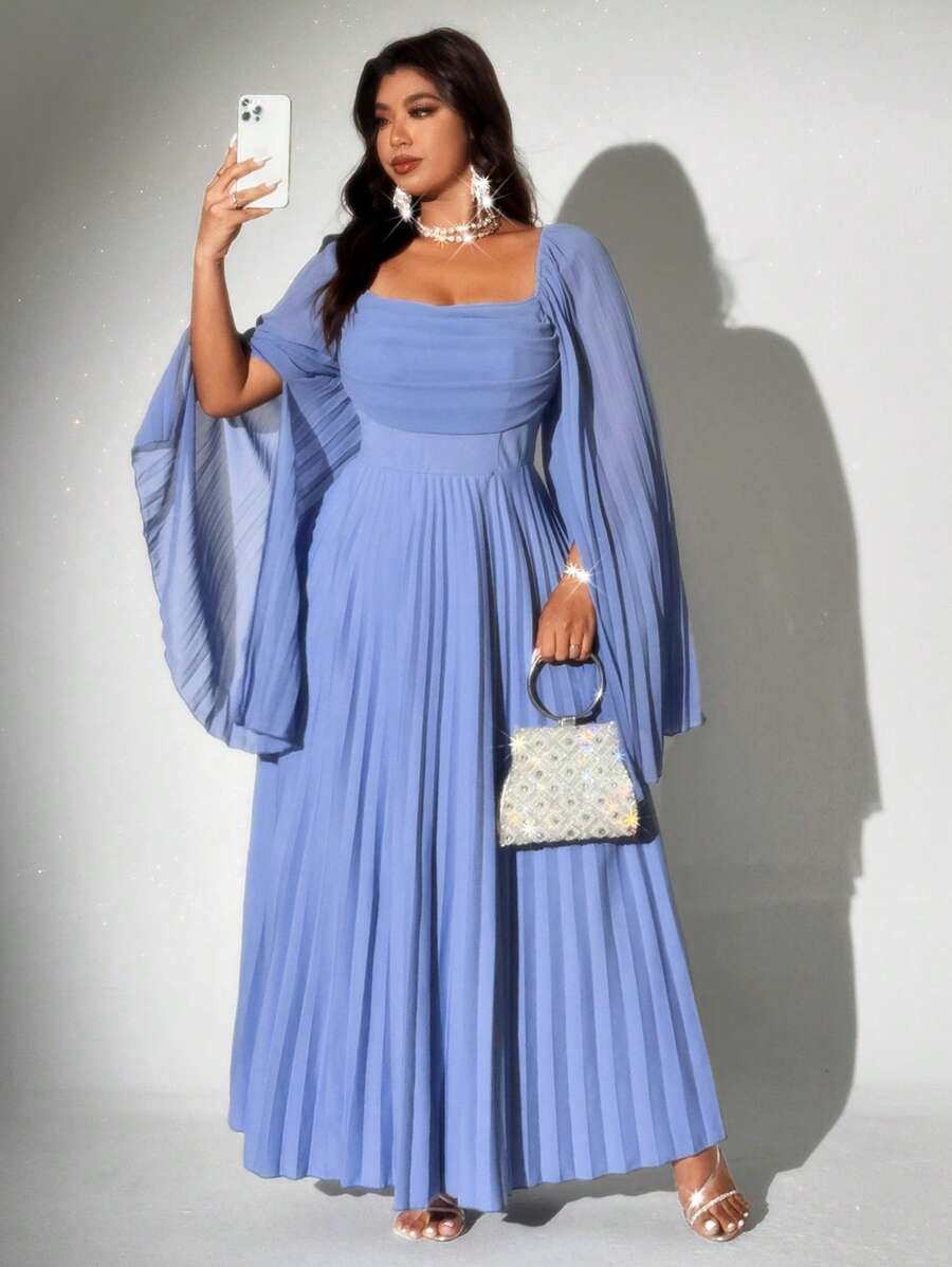SHEIN Celure فستان شيفون أنيق طويل الأكمام بطيات