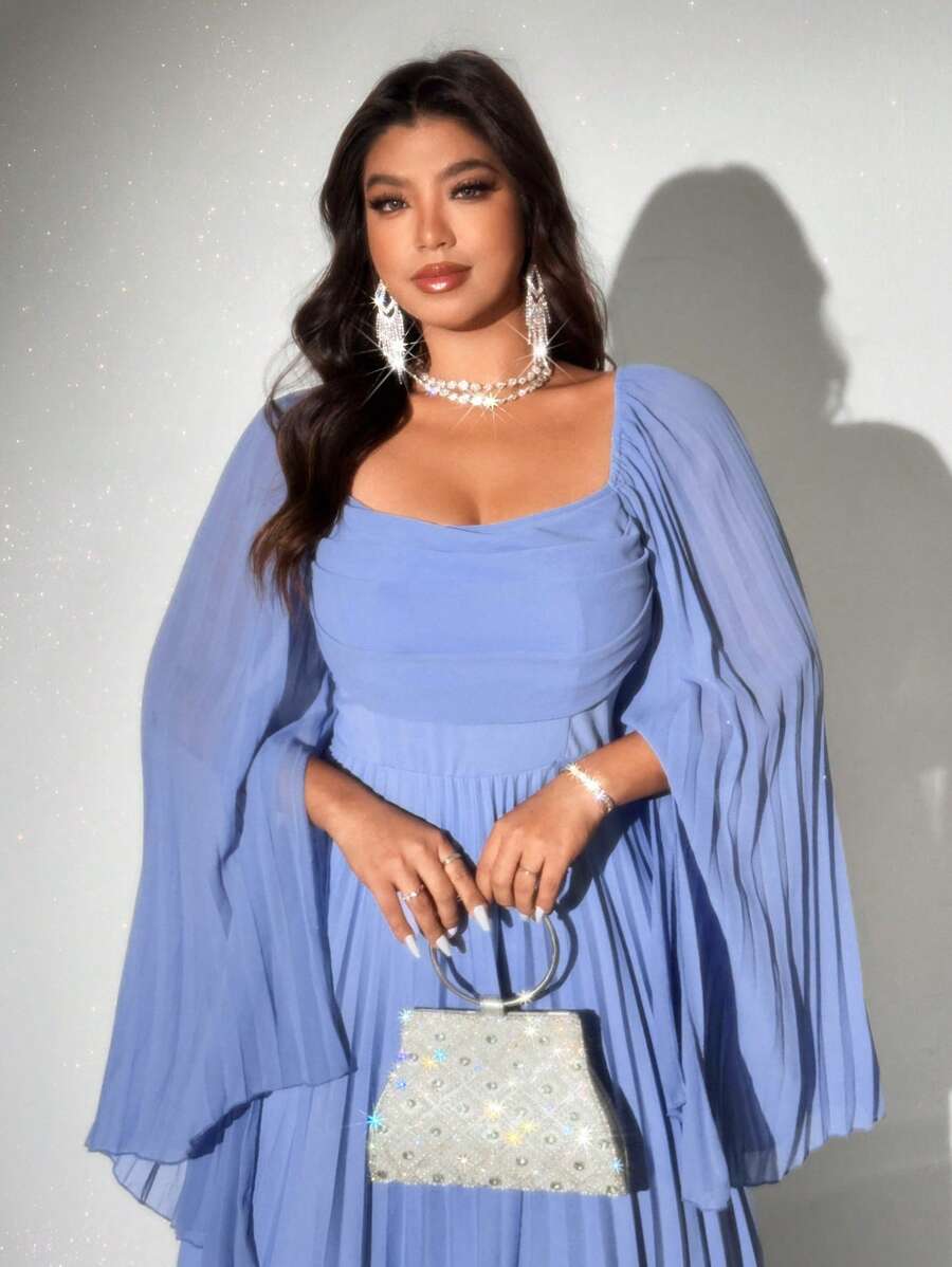 SHEIN Celure فستان شيفون أنيق طويل الأكمام بطيات