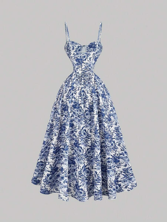 SHEIN MOD فستان بنمط مزهري بلونين أزرق وأبيض بخصر محدد