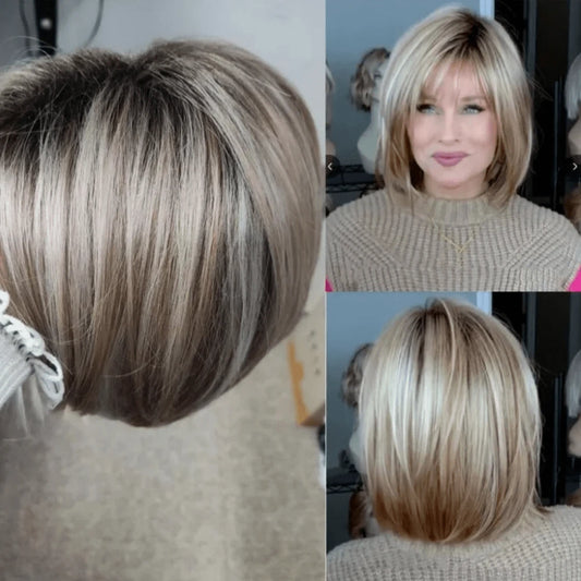 SHEIN باروكة شعر مستقيم بني جذور سوداء مقاومة للحرارة