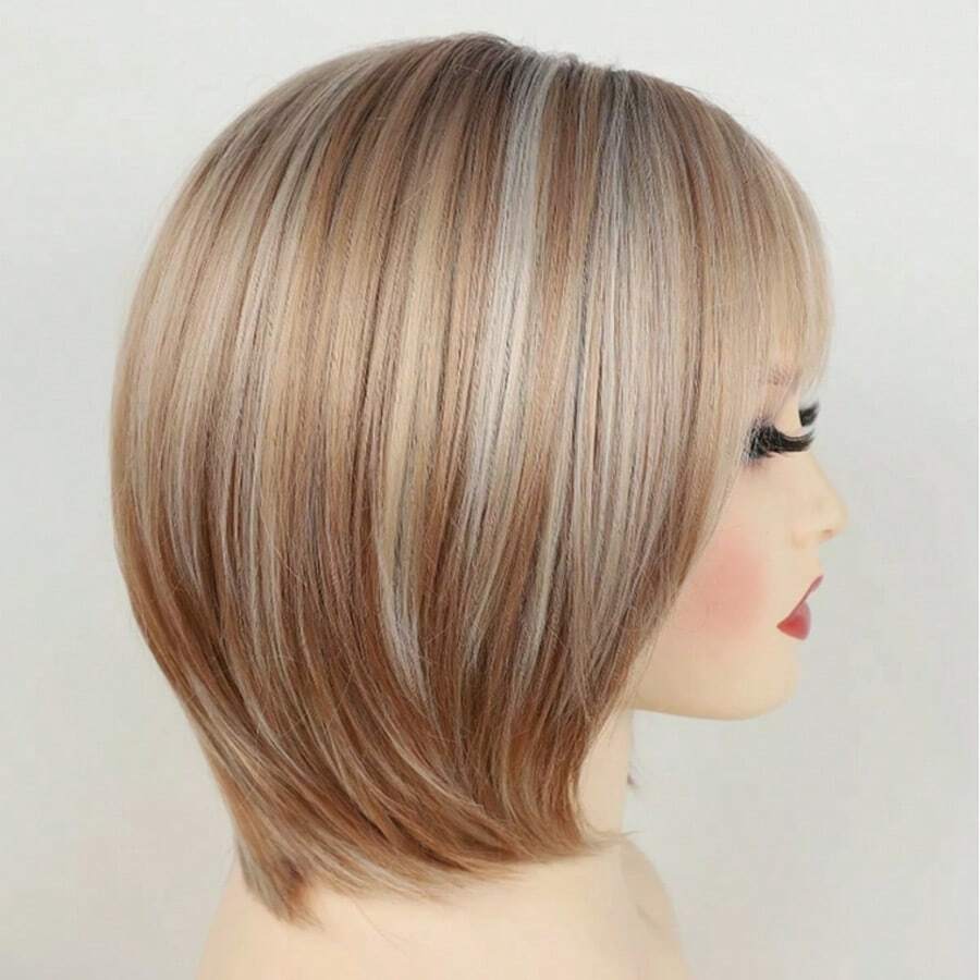 SHEIN باروكة شعر مستقيم بني جذور سوداء مقاومة للحرارة