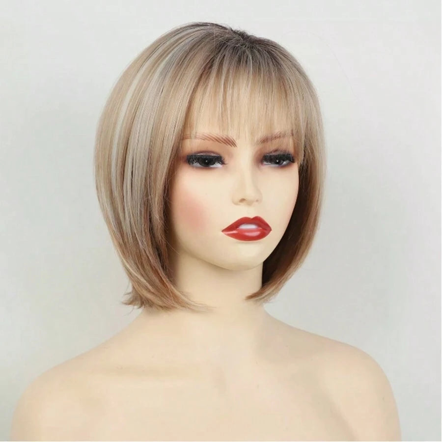 SHEIN باروكة شعر مستقيم بني جذور سوداء مقاومة للحرارة