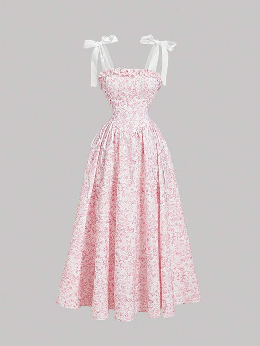 SHEIN MOD فستان وردي طويل بطبعة زهرية وربطة عقدة