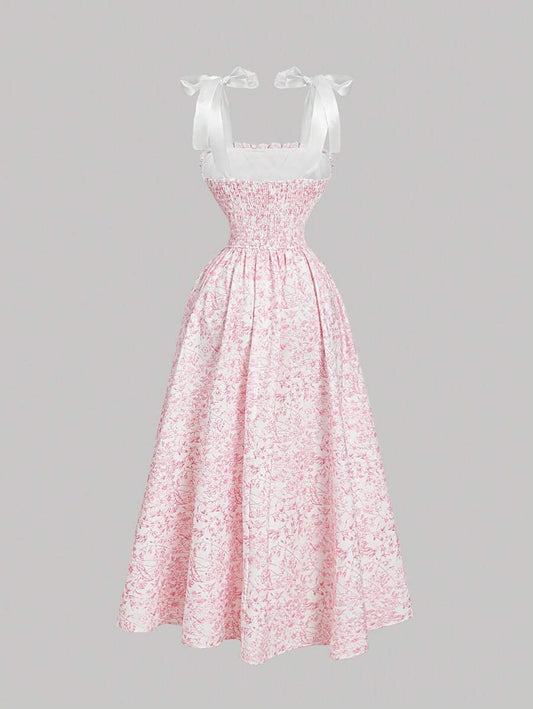 SHEIN MOD فستان وردي طويل بطبعة زهرية وربطة عقدة