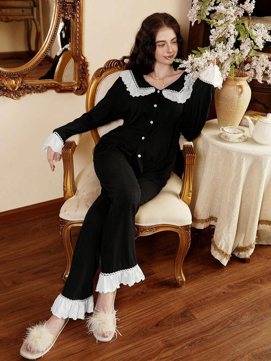 SHEIN Côtesoire طقم بيجامة قطعتين بأكمام طويلة وبنطلون