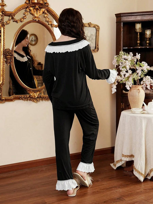 SHEIN Côtesoire طقم بيجامة قطعتين بأكمام طويلة وبنطلون