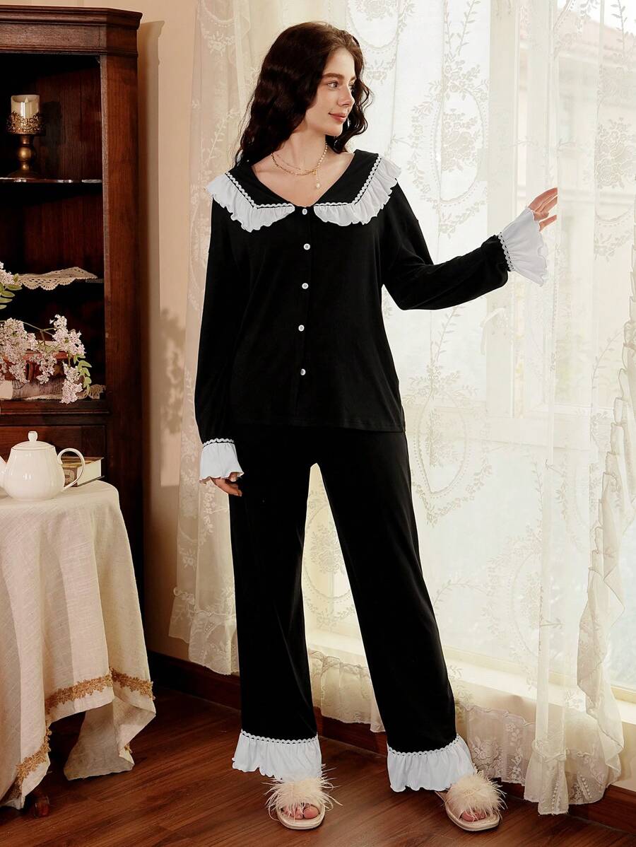 SHEIN Côtesoire طقم بيجامة قطعتين بأكمام طويلة وبنطلون