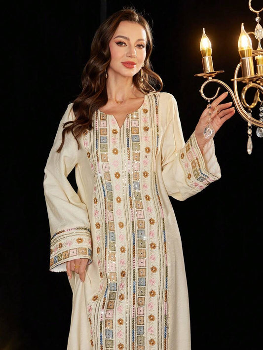 SHEIN Al Najma فستان فضفاض طويل مطرز بترتر كفتان وجلابية