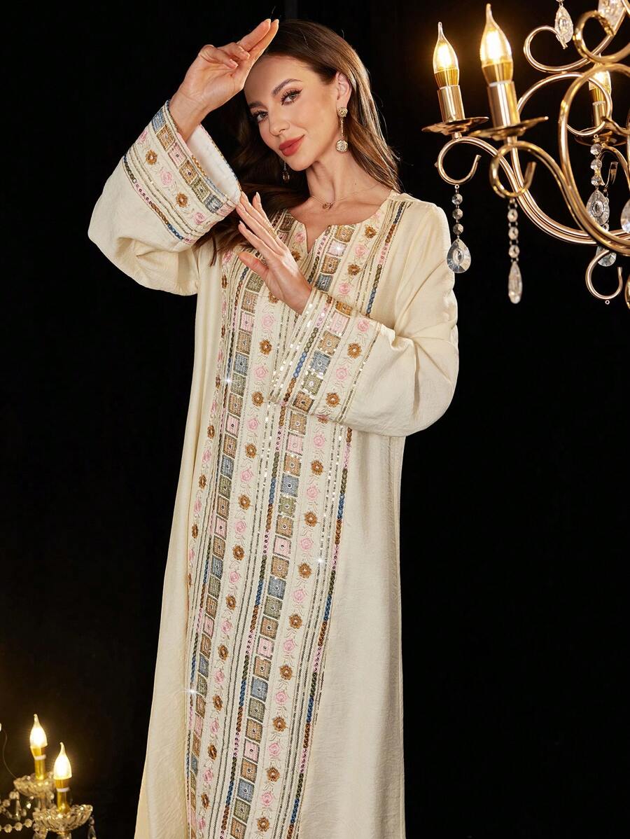 SHEIN Al Najma فستان فضفاض طويل مطرز بترتر كفتان وجلابية