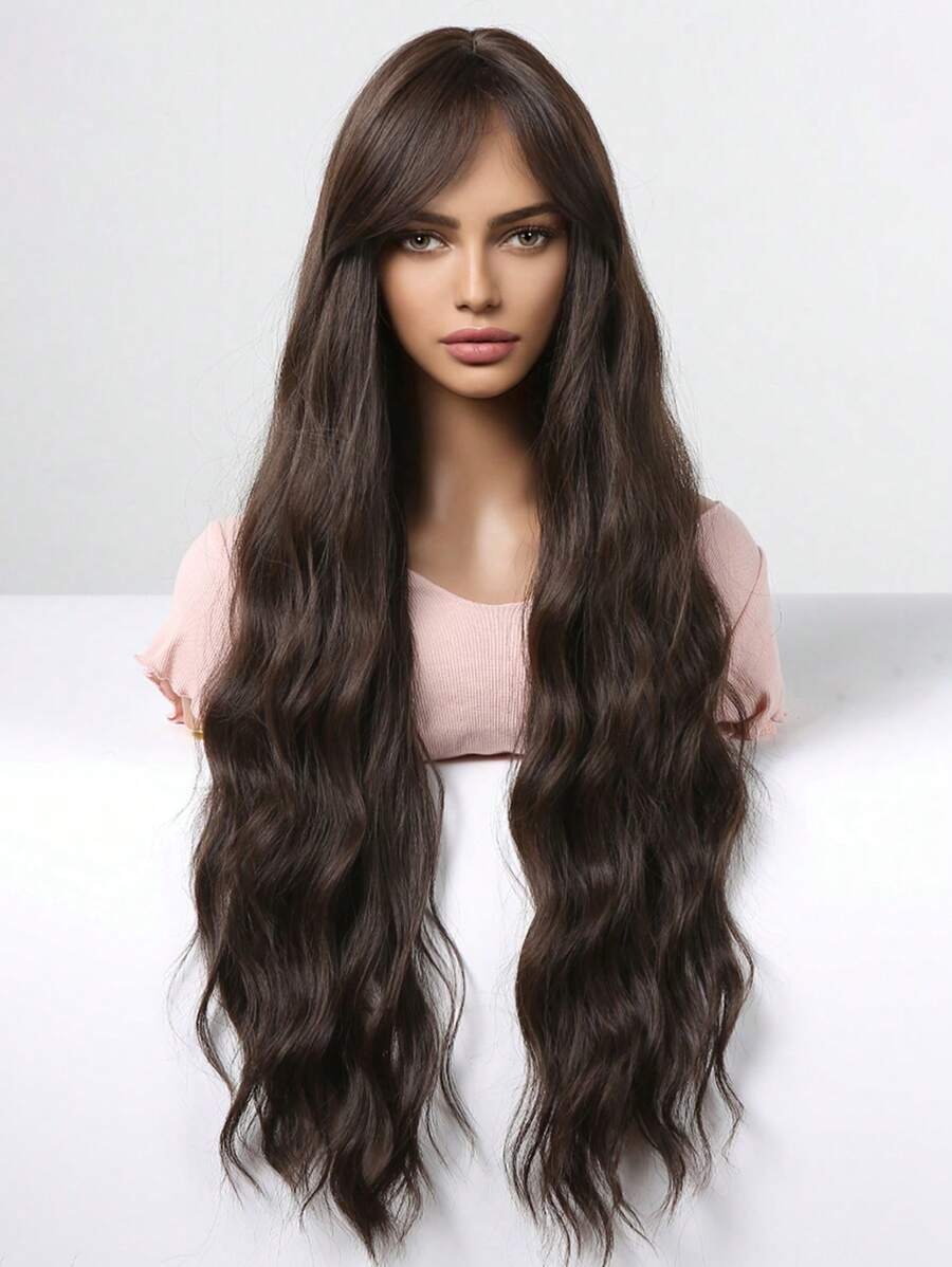 SHEIN باروكة طويلة مموجة 30 بوصة بلون بني غامق