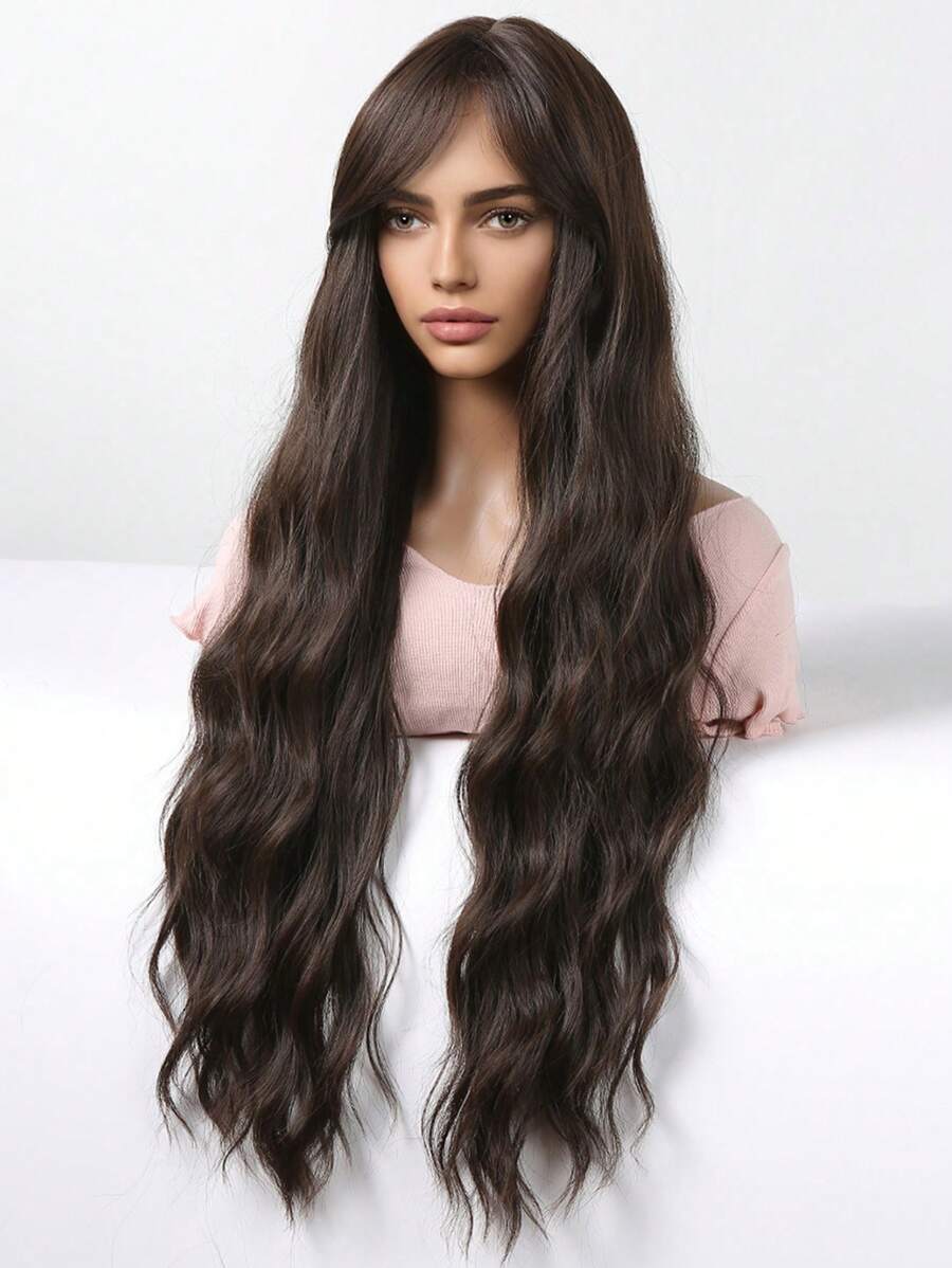 SHEIN باروكة طويلة مموجة 30 بوصة بلون بني غامق