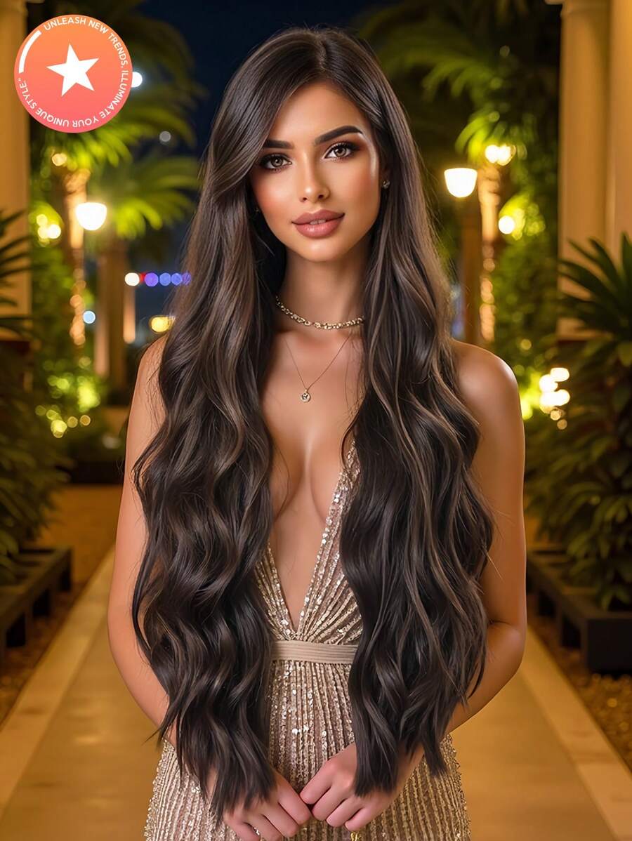 SHEIN باروكة طويلة مموجة 30 بوصة بلون بني غامق