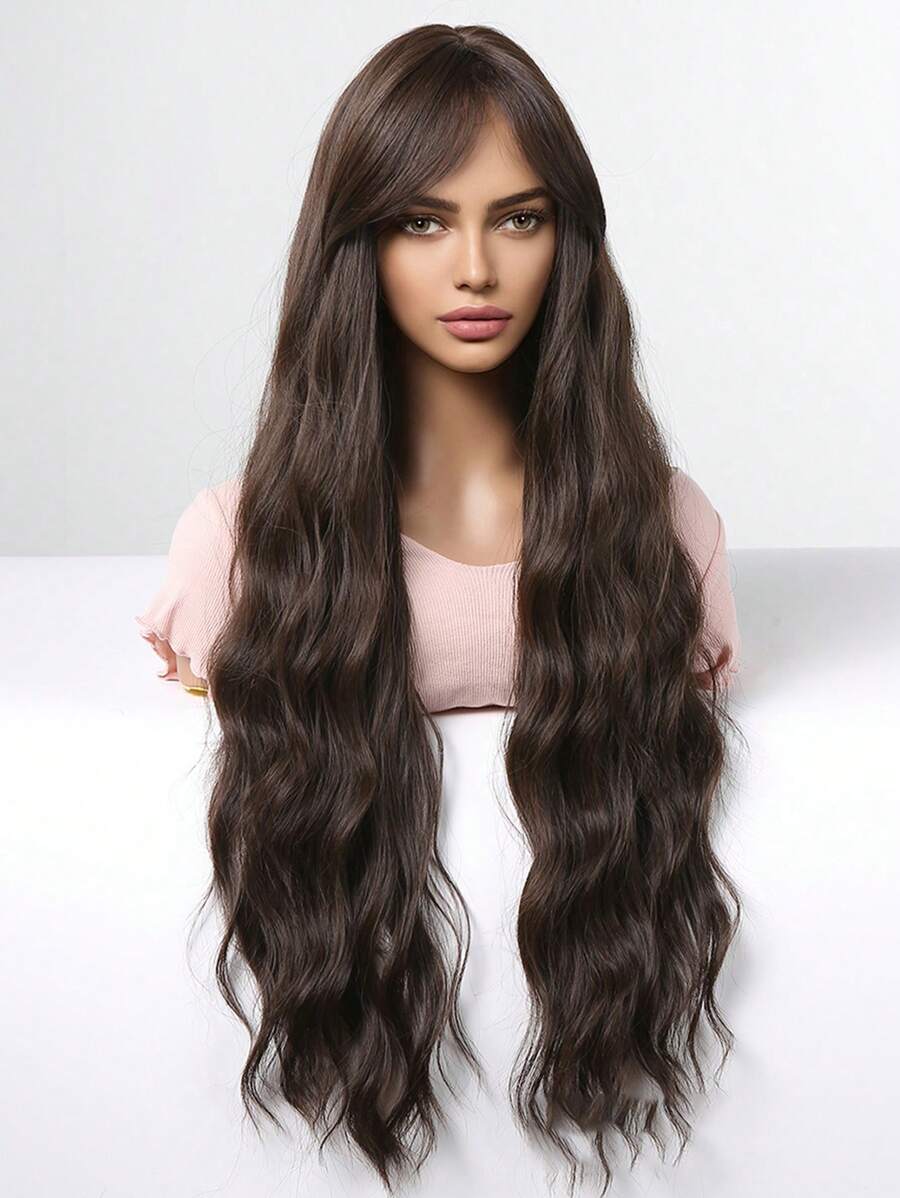 SHEIN باروكة طويلة مموجة 30 بوصة بلون بني غامق