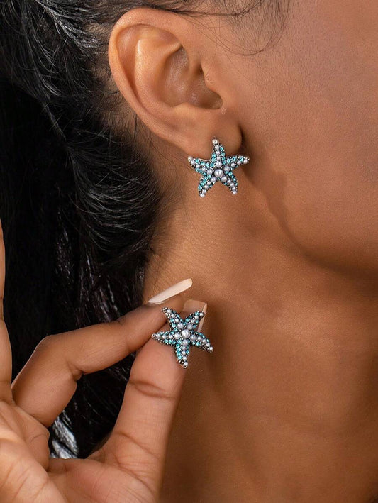SHEIN زوج أقراط كعب هندسية لؤلؤ نجمة البحر