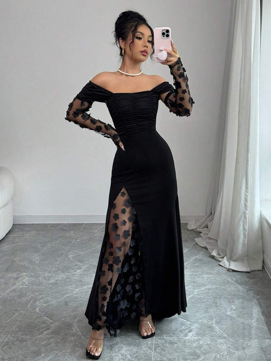 SHEIN Elenzga فستان حفلة اسود كتف مكشوف برسومات زهرية