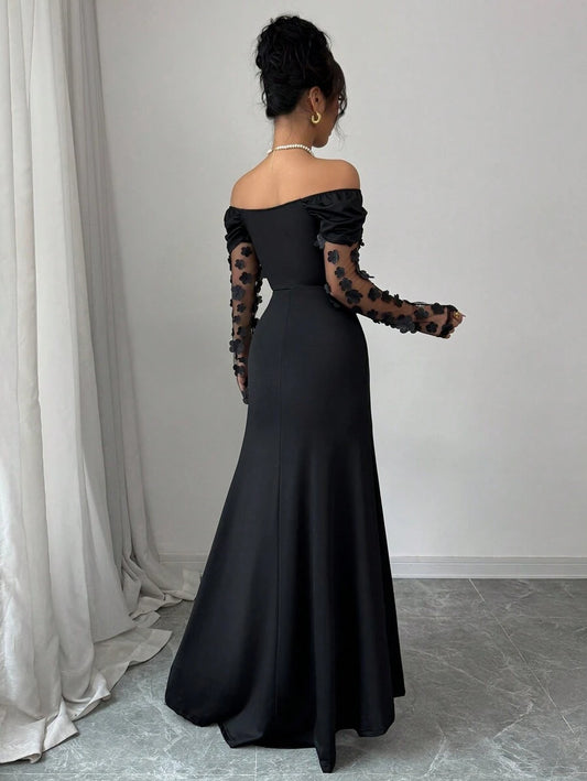 SHEIN Elenzga فستان حفلة اسود كتف مكشوف برسومات زهرية