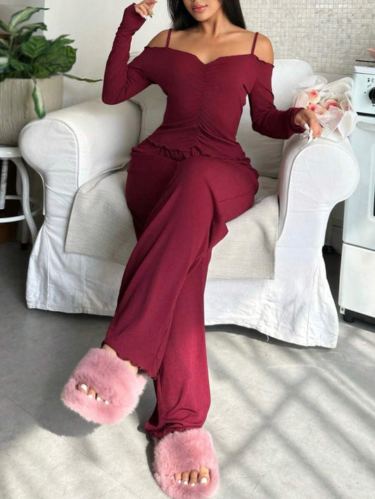 SHEIN طقم ملابس داخلية من الأكريليك بتصميم كتف بارز عنابي