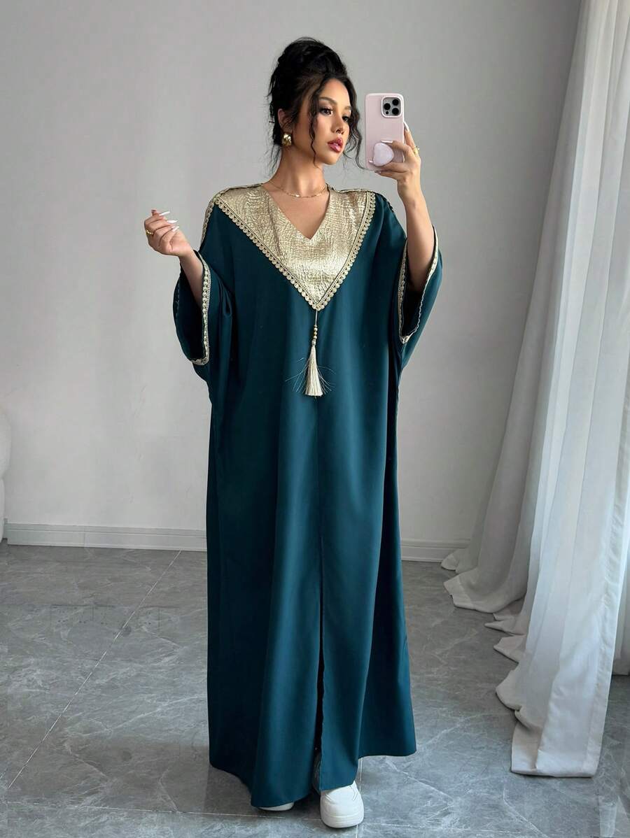 SHEIN Chiquease فستان أخضر داكن فضفاض طويل مرقع