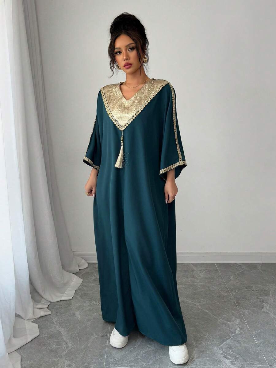 SHEIN Chiquease فستان أخضر داكن فضفاض طويل مرقع