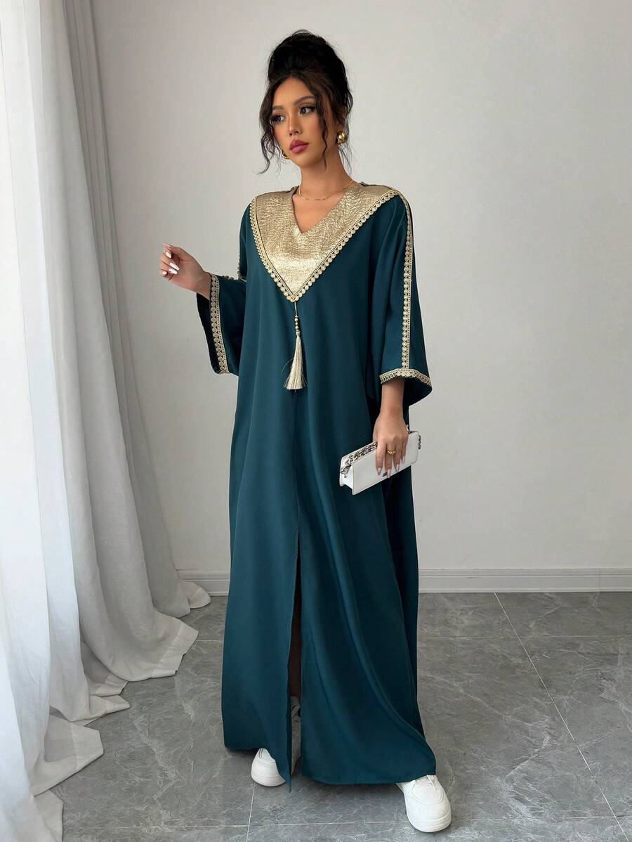 SHEIN Chiquease فستان أخضر داكن فضفاض طويل مرقع