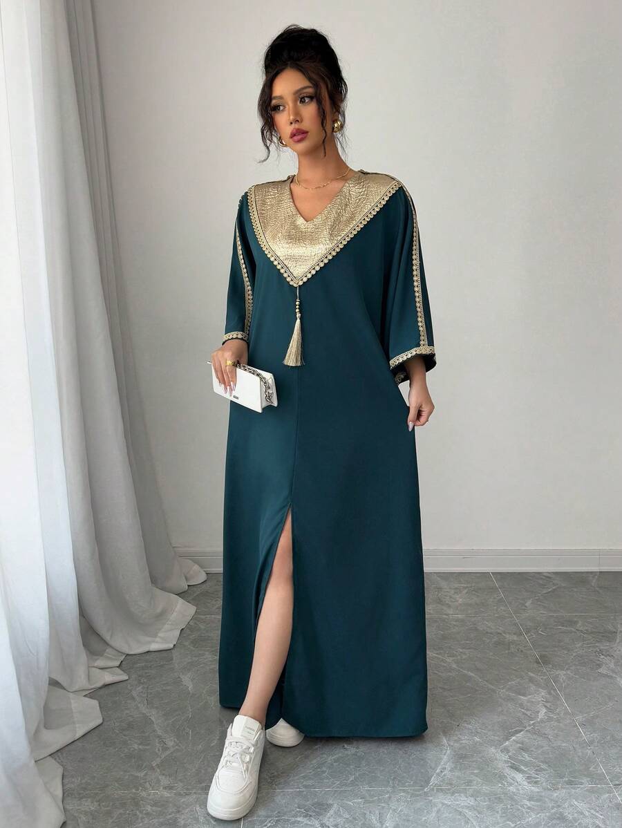 SHEIN Chiquease فستان أخضر داكن فضفاض طويل مرقع