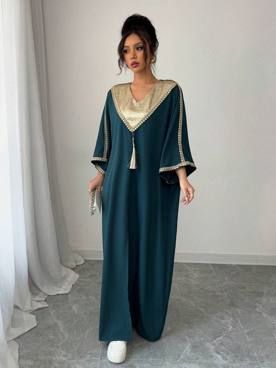 SHEIN Chiquease فستان أخضر داكن فضفاض طويل مرقع