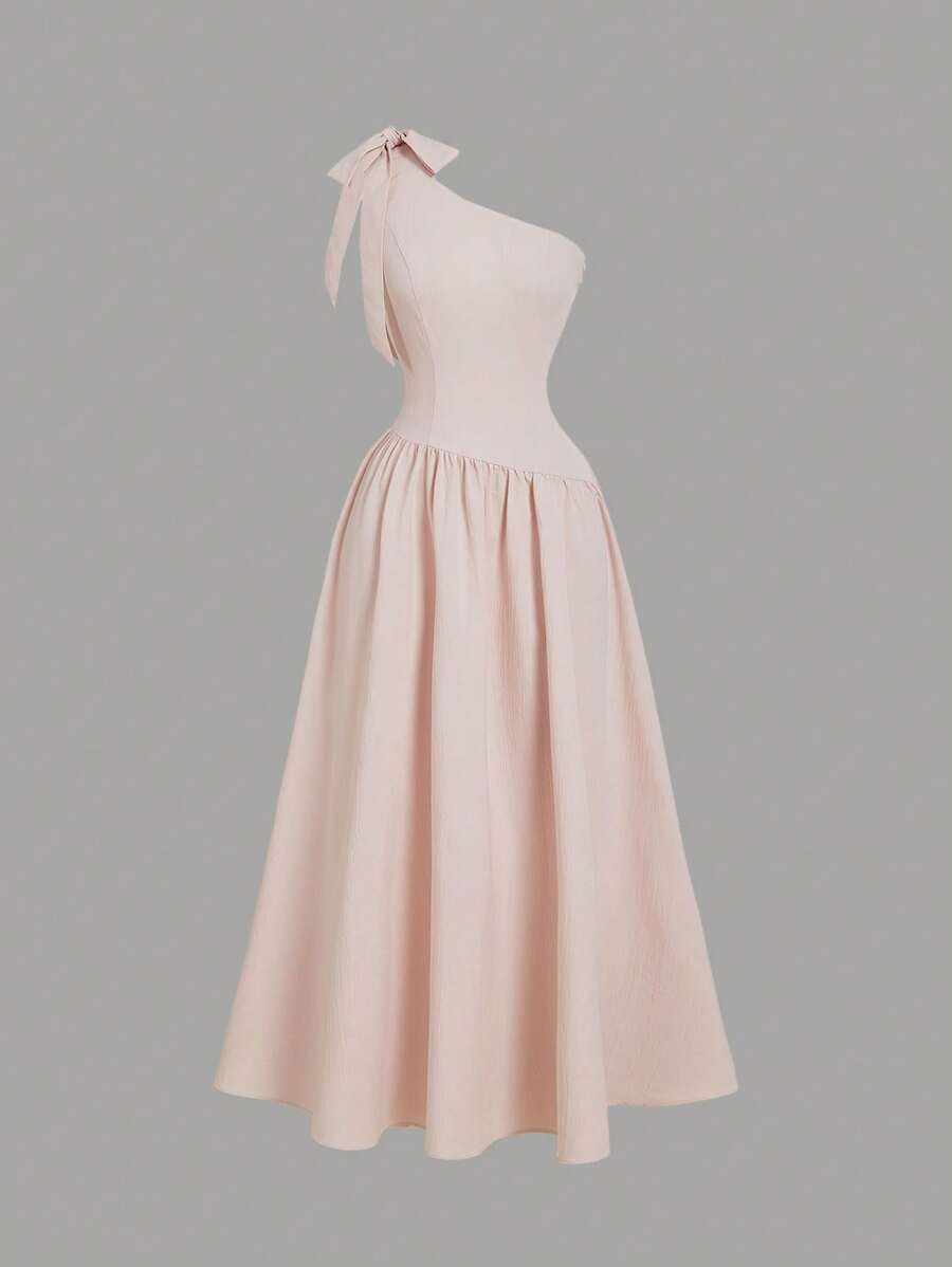 SHEIN MOD فستان وردي مكشوف الكتف بعقدة فراشة