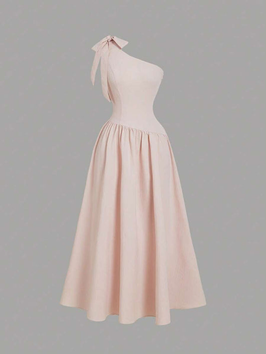 SHEIN MOD فستان وردي مكشوف الكتف بعقدة فراشة