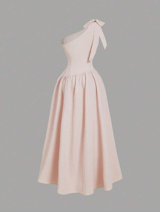 SHEIN MOD فستان وردي مكشوف الكتف بعقدة فراشة