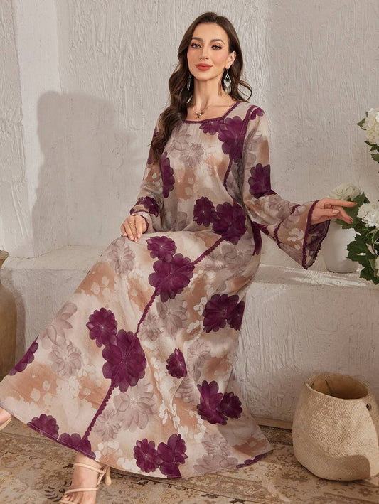 SHEIN Al Najma فستان عربي محتشم بطبعة زهور وأكمام جرس