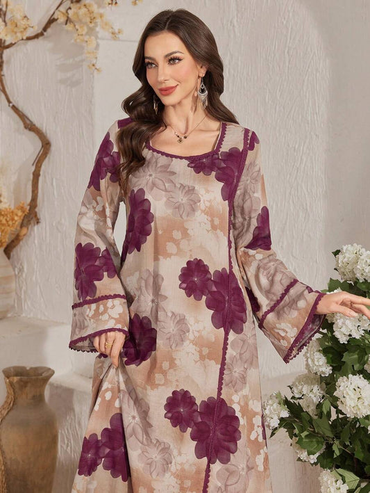 SHEIN Al Najma فستان عربي محتشم بطبعة زهور وأكمام جرس