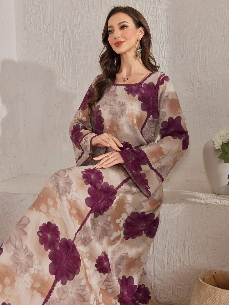 SHEIN Al Najma فستان عربي محتشم بطبعة زهور وأكمام جرس