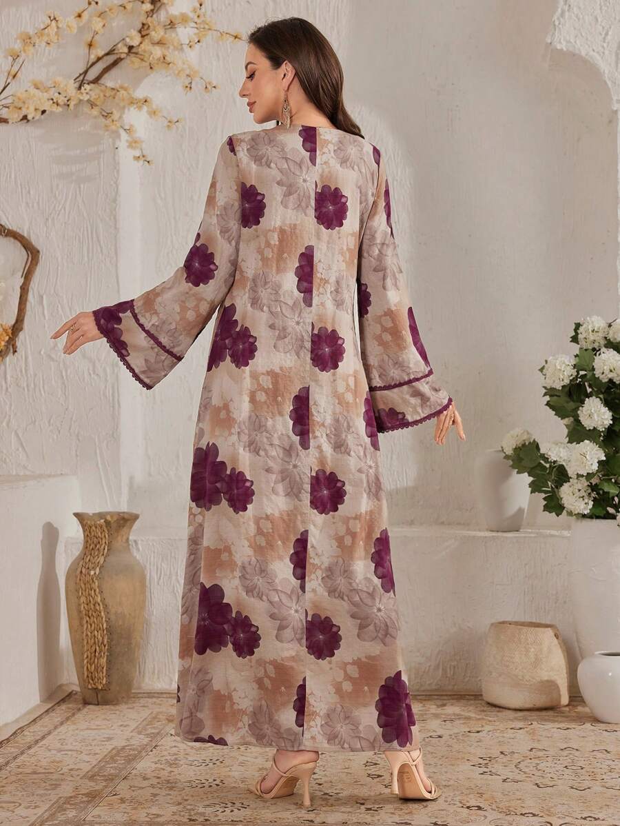 SHEIN Al Najma فستان عربي محتشم بطبعة زهور وأكمام جرس