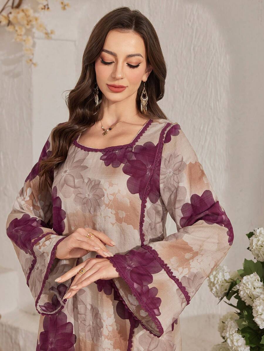 SHEIN Al Najma فستان عربي محتشم بطبعة زهور وأكمام جرس