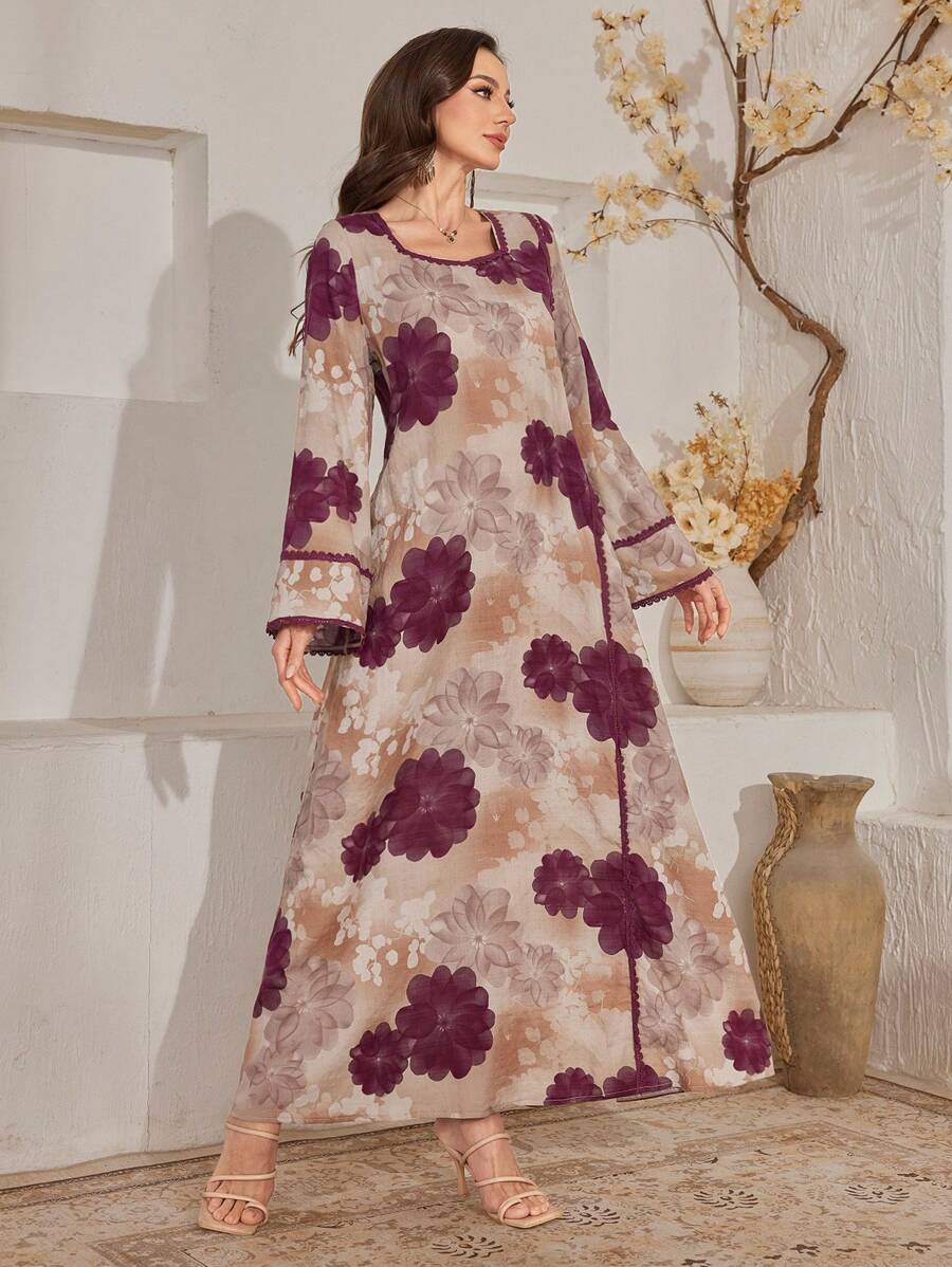 SHEIN Al Najma فستان عربي محتشم بطبعة زهور وأكمام جرس