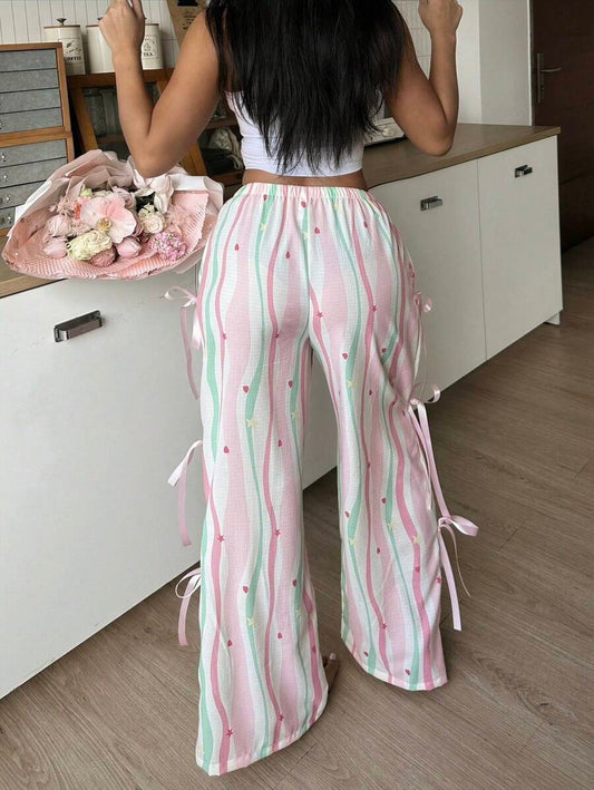 SHEIN SweetSlumber سروال نوم بنمط مخطط مزينة بفيونكة (سروال فقط)