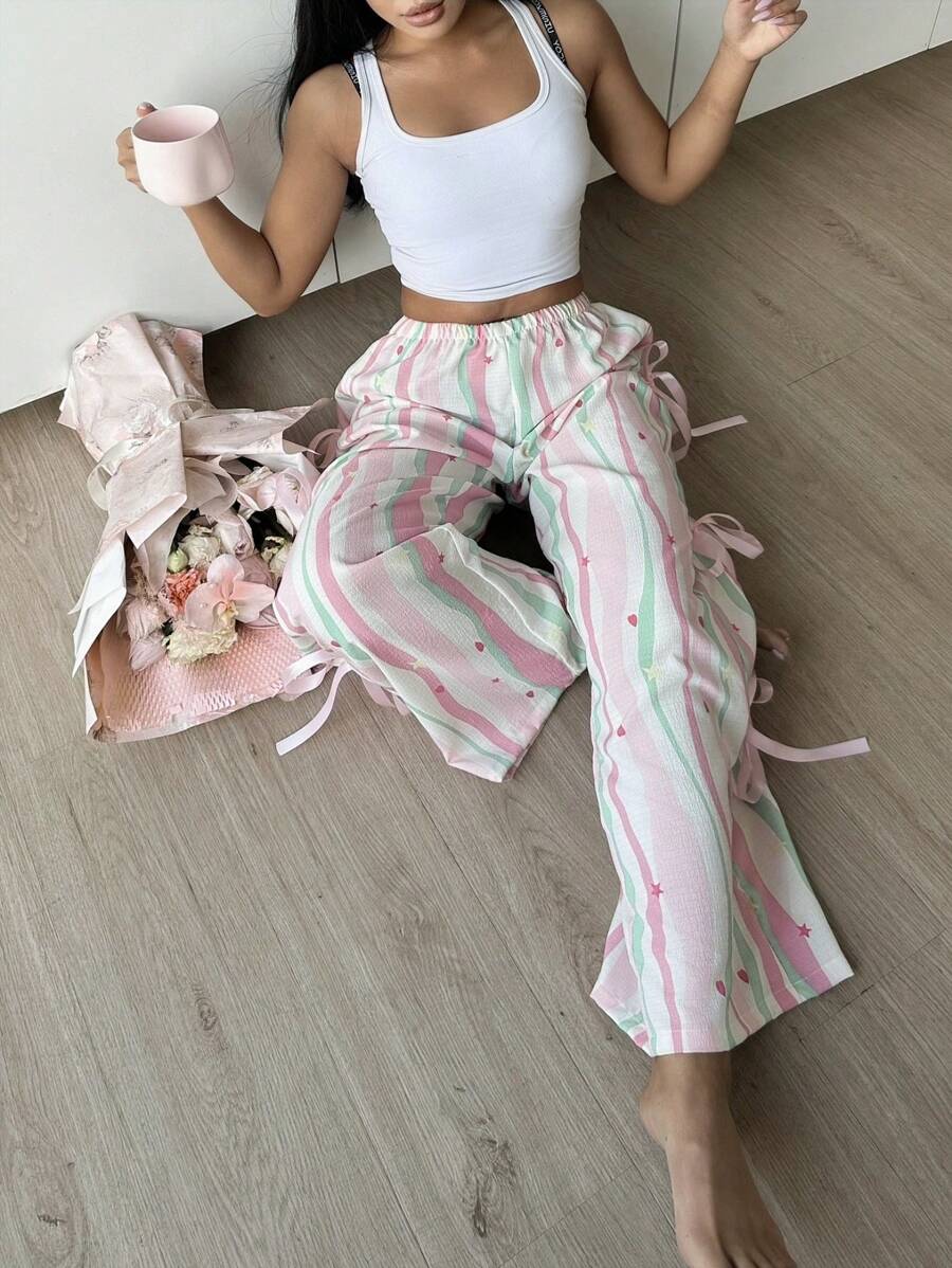 SHEIN SweetSlumber سروال نوم بنمط مخطط مزينة بفيونكة (سروال فقط)