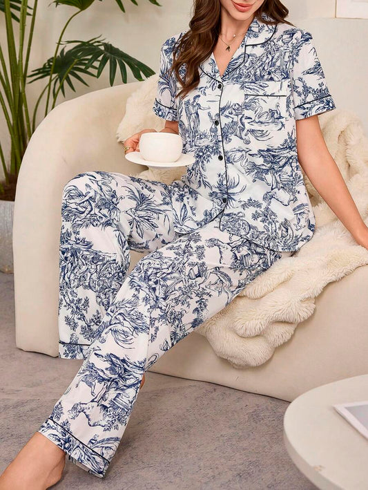 SHEIN بيجامة بأكمام قصيرة مطبوعة بمناظر طبيعية