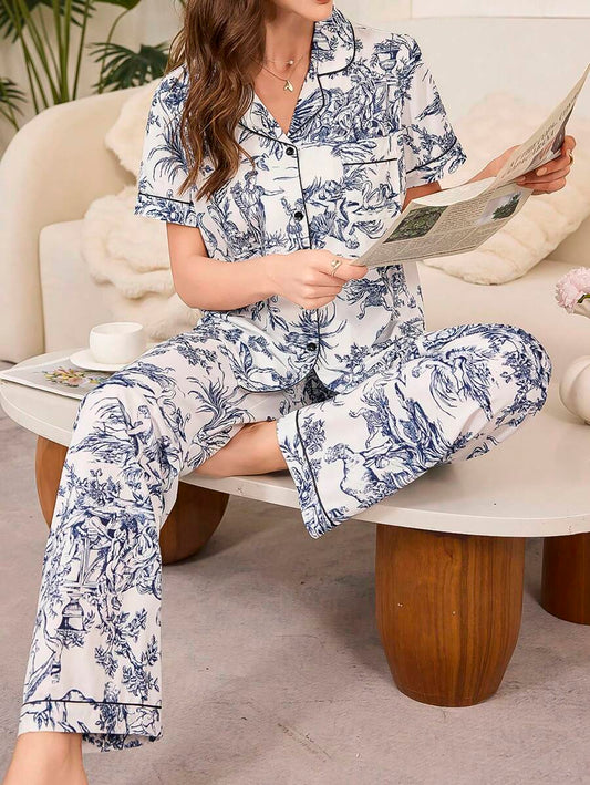 SHEIN بيجامة بأكمام قصيرة مطبوعة بمناظر طبيعية