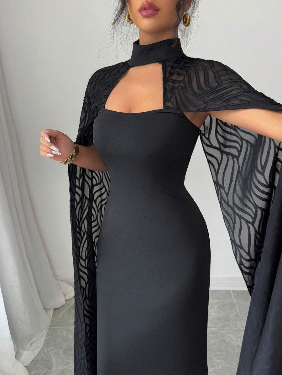 SHEIN Rafferiza فستان طويل دانتيل أسود أنيق