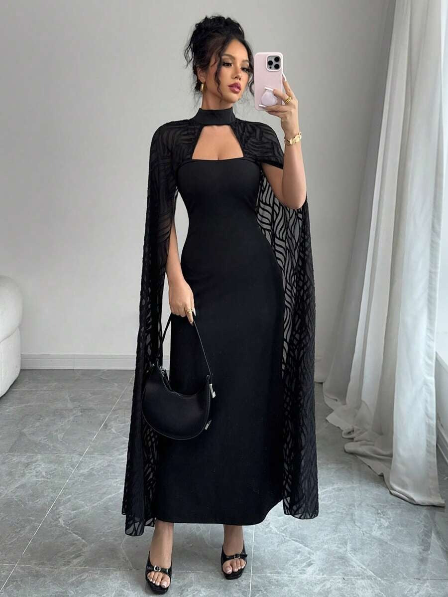 SHEIN Rafferiza فستان طويل دانتيل أسود أنيق