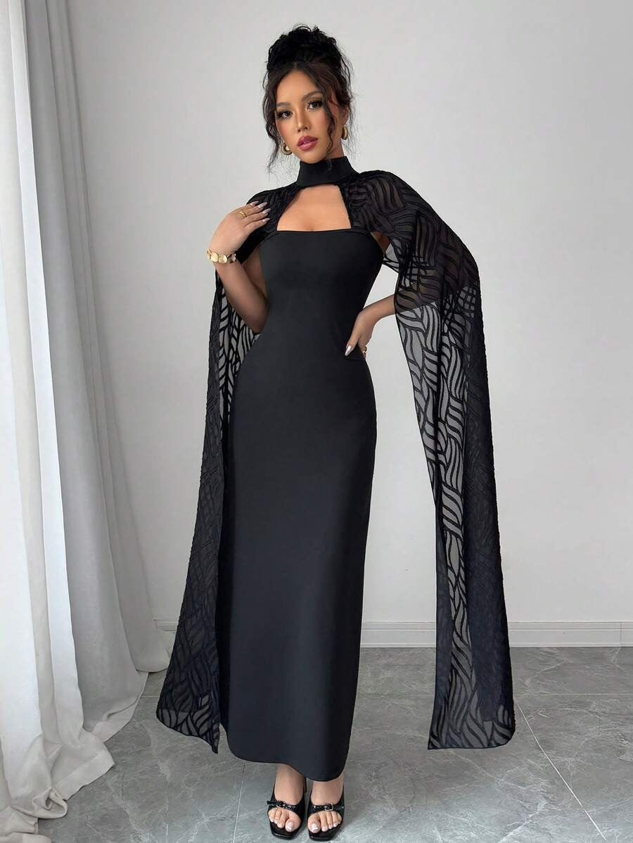 SHEIN Rafferiza فستان طويل دانتيل أسود أنيق