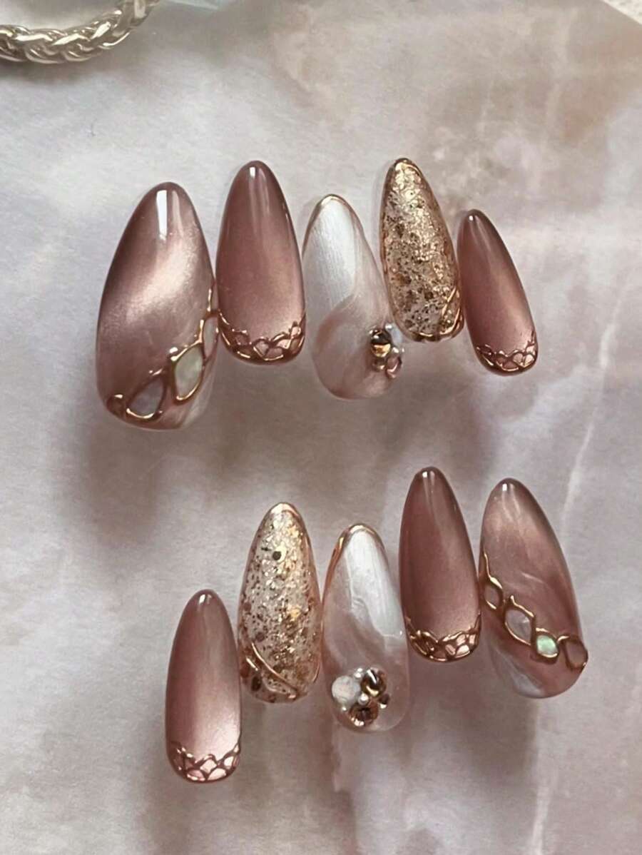 SHEIN أظافر 24 قطعة بشكل لوز مزينة عين القطة بني مع غراء ومبرد