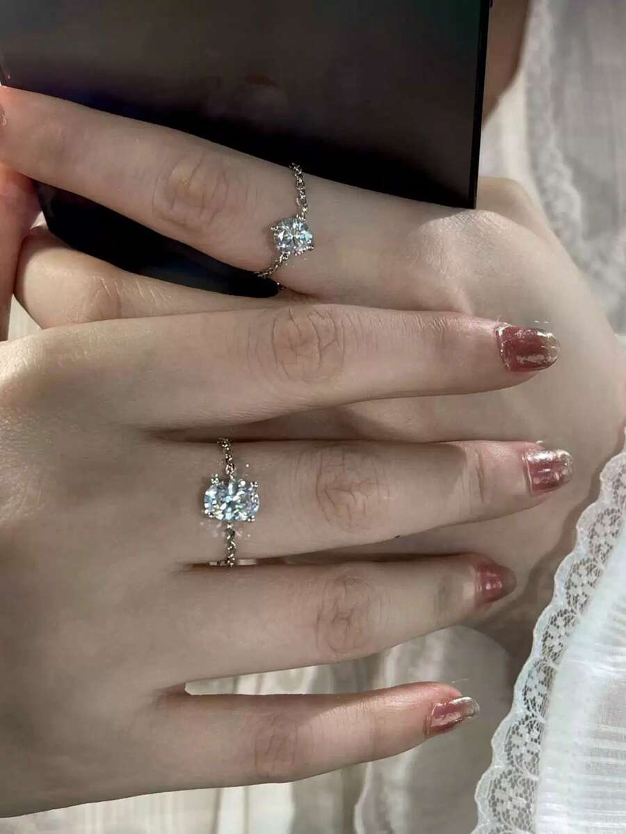 SHEIN خاتم سلسلة بيضاوي مع زركونيا مكعبة قابل للتعديل