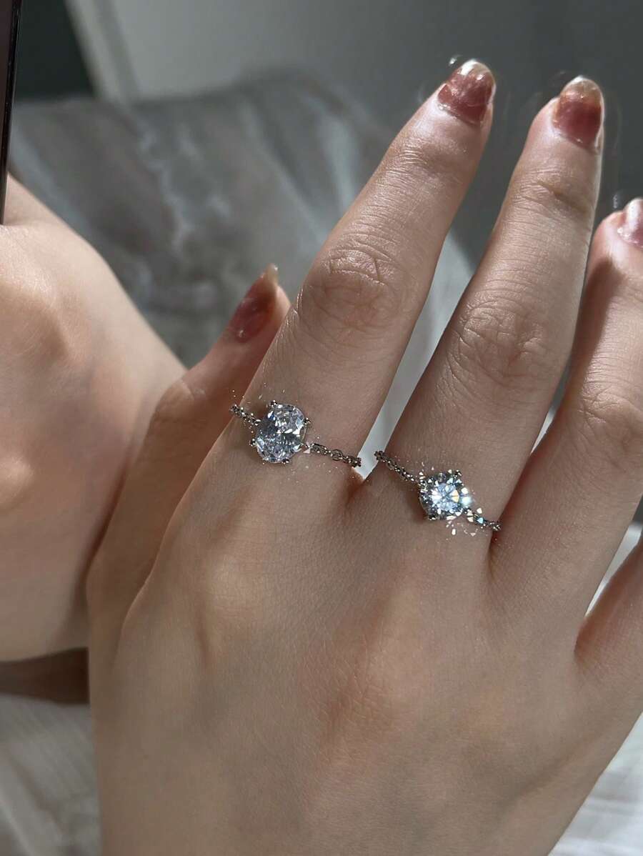 SHEIN خاتم سلسلة بيضاوي مع زركونيا مكعبة قابل للتعديل
